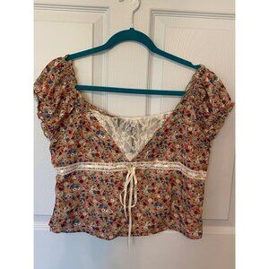 Cider Floral Print Lace-Trimmed Puff Sleeve Blouse With Satin Bow Off-Shoulder D